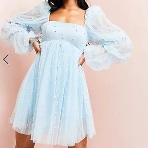 SOLD OUT ON ASOS  - LUXE tulle baby doll dress with pearl embellishment in blue